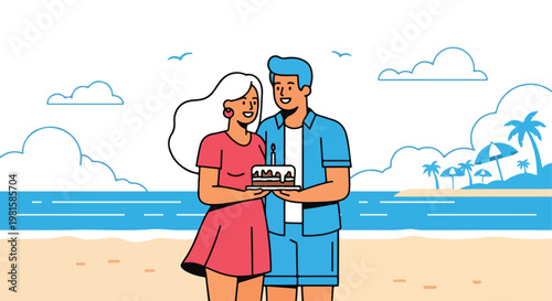 Happy couple holding chocolate birthday cake together on a sunny tropical beach