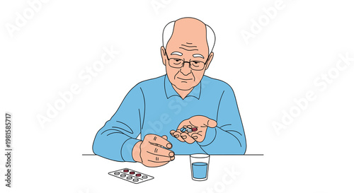 A concerned elderly man wearing glasses and a blue shirt carefully holds a variety of colorful pills in his hand above a glass of clear water on a white field.