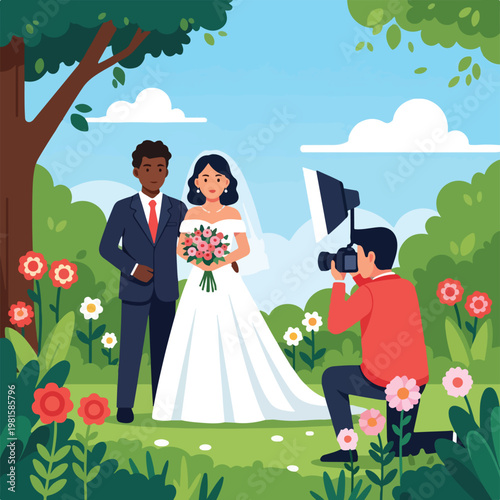Photographer taking photos of a diverse wedding couple in a blooming garden scene