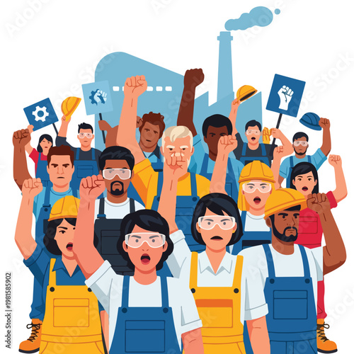 Diverse factory workers striking for labor rights with raised fists in protests