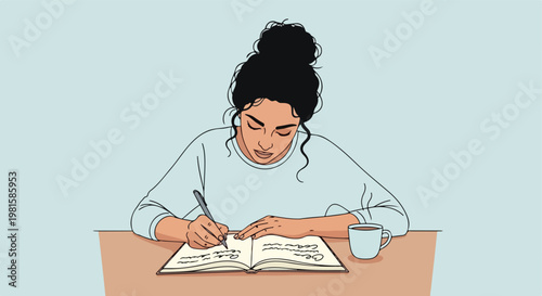 Illustration of a woman writing in a notebook next to a warm cup of coffee