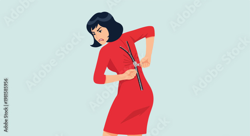 Frustrated woman in red dress struggling with back zipper on blue background