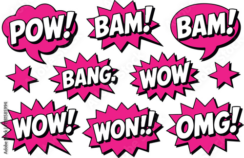 Set of comic book sound effect words POW BAM BANG WOW WON OMG with stars.