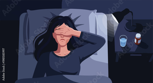 Stressed woman lying in bed covering eyes from insomnia, medicine on nightstand