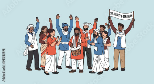 Diverse Indians in traditional dress celebrate with drum and banner of unity