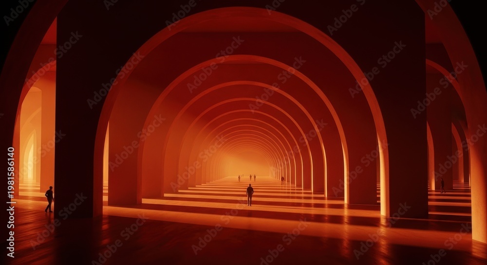 Fototapeta premium Endless glowing orange arches recede into the distance of a surreal tunnel, tiny human silhouettes walking slowly through the radiant hazy architecture