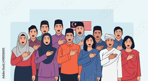 Multicultural group of Malaysians singing their national anthem in perfect unity
