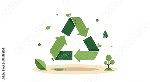 A textured green recycling symbol with intricate leaf patterns floats gracefully above a small sandy island featuring a miniature tree and a water drop.