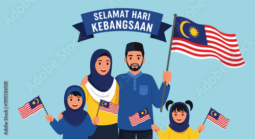 Happy Malaysian family celebrating National Day holding flags and blue banner