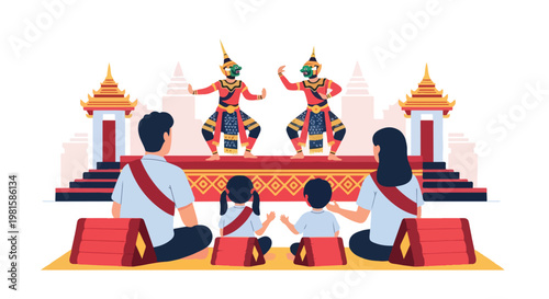A family watches a traditional Thai masked dance show on an outdoor stage setup