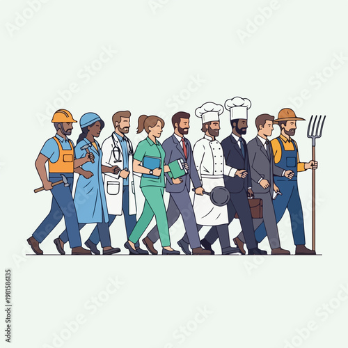 Diverse people of various professions walking together representing global labor