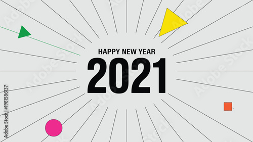 Happy New Year 2021 Modern Graphic Design with Geometric Shapes and Radiating Lines