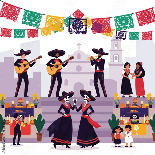 Vibrant Day of the Dead celebration with musicians, dancing skeletons and altar