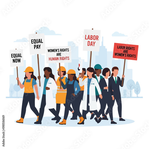 Diverse women professionals marching for equal rights and labor pay in the city