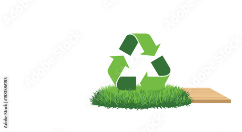 A vibrant green recycling logo stands prominently on a patch of thick green grass situated next to a simple wooden walkway against a white background.