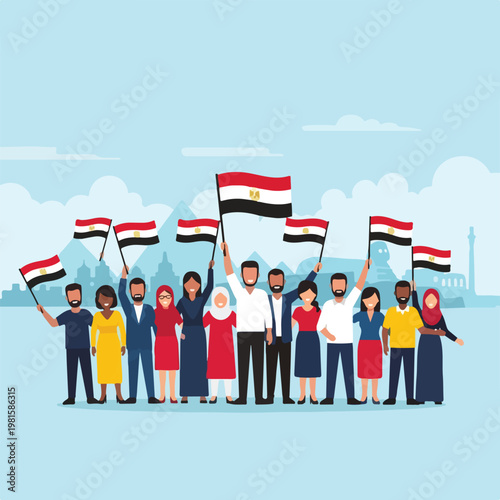 Diverse Egyptians holding national flags before Giza pyramids and city skyline