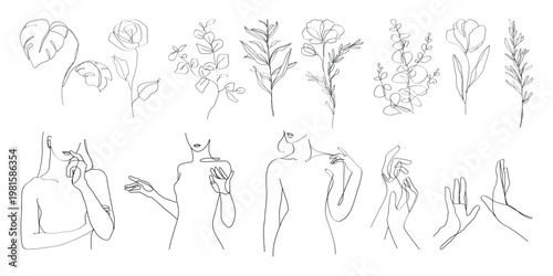 Minimalist line art of women and flowers. Elegant line drawings of female figures and floral designs. Simple, artistic line art of women and flowers. Spring illustrations, vector set.