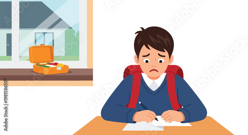 Sad schoolboy in blue sweater with red backpack writing at a desk near a window