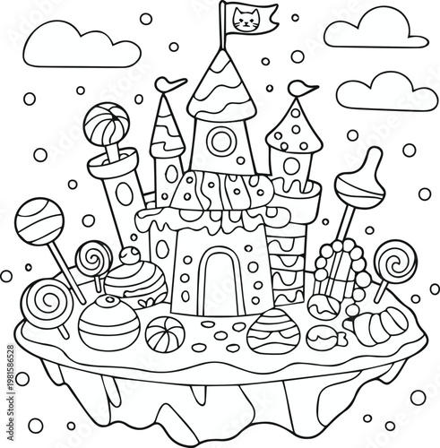 Castle on candy island with lollipops and sweets