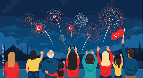 People watching Turkish flag fireworks over Istanbul night skyline in vector art