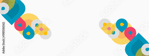 Colorful geometric shapes overlap, creating abstract patterns. Minimalist design with bright hues on white background. Simple, playful composition.