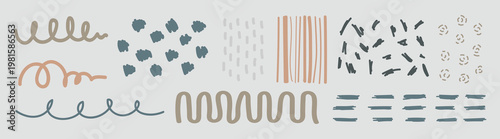 Abstract patterns with wavy lines, dots, and stripes. Wavy lines and dots create a dynamic look. Stripes, dots, and wavy lines in soft colors. Doodle illustrations, vector set.