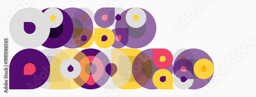 Abstract composition featuring overlapping circles. Purple, yellow, lavender hues dominate design. Modern, playful aesthetic.