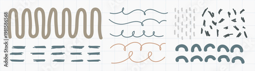 Abstract pattern set with wavy, curved, and dashed lines. Wavy, curved, and dashed designs create a dynamic look. Ideal for wavy, curved, and dashed themes. Doodle illustrations, vector set.