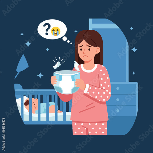 Stressed mother in pajamas holds a dirty diaper at night near her sleeping baby