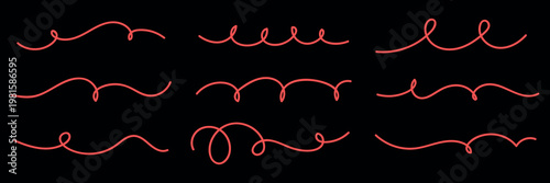 Set of red decorative swirls on black. Elegant swirls for design. Use these swirls for creative projects. Red swirls add flair to any design. Doodle illustrations, vector set.