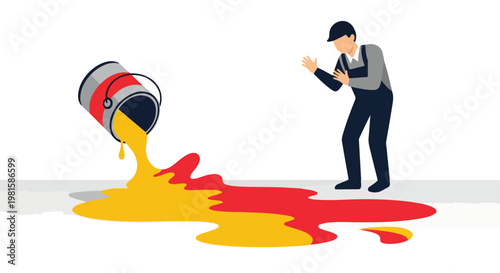 Painter in overalls reacting to a tipped can spilling red and yellow paint mess