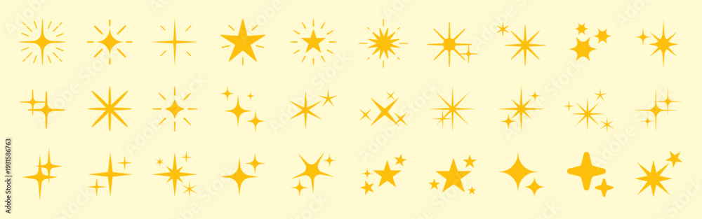 Obraz premium Yellow star icons in various styles. Star icons with diverse shapes. Collection of star icons in a bright yellow palette. Isolated illustration elements, vector set.