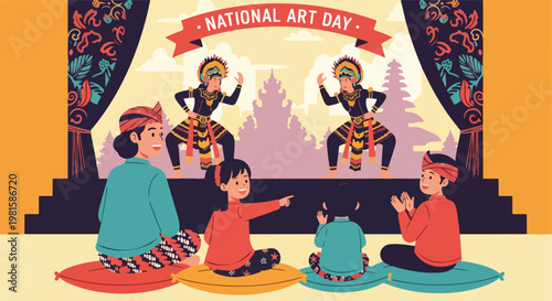 Family watching traditional Balinese dancers onstage for National Art Day show