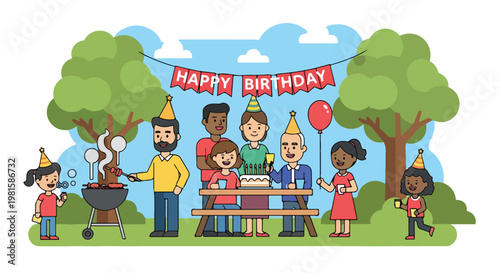 Friends and family celebrate an outdoor birthday party with BBQ, cake, and hats