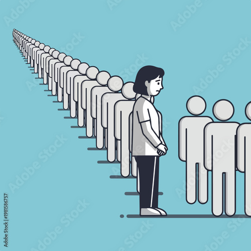 Woman stands alone in a long queue of identical faceless figures looking sad