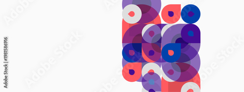 Abstract composition featuring overlapping circles. Purple, blue, pink hues dominate design. Minimalist aesthetic, modern feel.