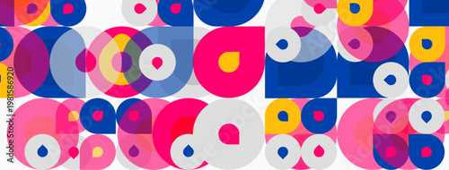 Abstract pattern features overlapping circles. Colors include pink, blue, yellow, white. Composition feels playful, modern.