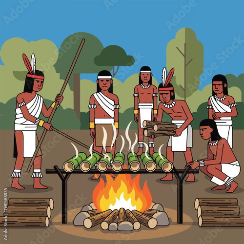 Indigenous tribe cooking bamboo over a forest campfire in a flat art style