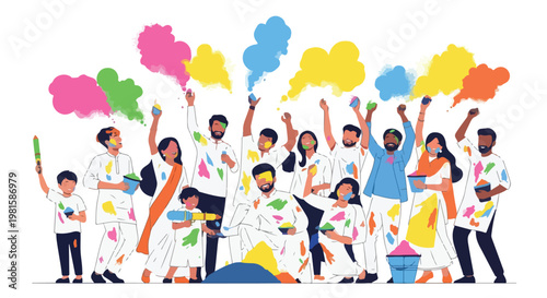 Diverse people celebrate Holi festival with colorful powders and water guns