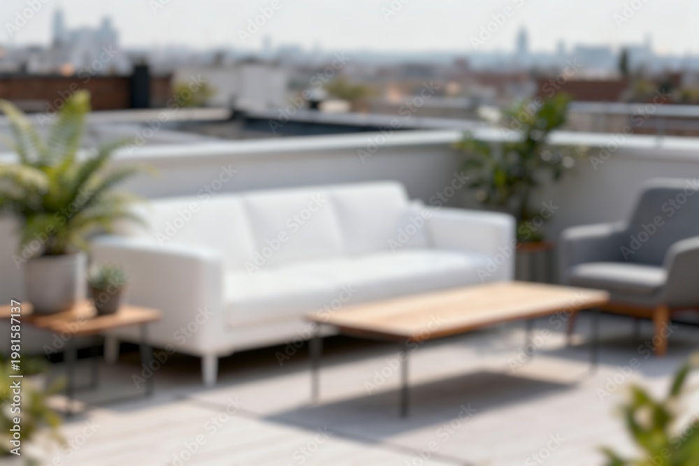 Fototapeta premium Blur image of a Elegant rooftop terrace with contemporary design, cozy seating, and greenery, perfect for summer relaxation and luxury living.