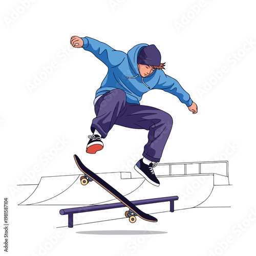 Skateboarder wearing a blue hoodie jumps over a rail in a skatepark illustration