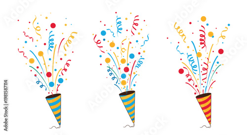 Three colorful party poppers exploding with bright confetti and spiral streamers on a white background for celebratory occasions.