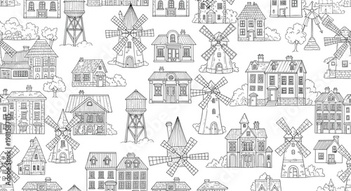 Seamless pattern featuring intricate black line drawings of traditional houses windmills and water towers for a rustic village theme.