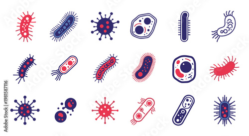Diverse collection of bacteria virus and cell icons in blue and red colors for science and medical health education concepts.