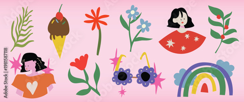 Colorful illustration with flowers, ice cream, and rainbows. Features two women with dark hair. Playful flowers and vibrant rainbows throughout. Cute illustrations, isolated vector set.
