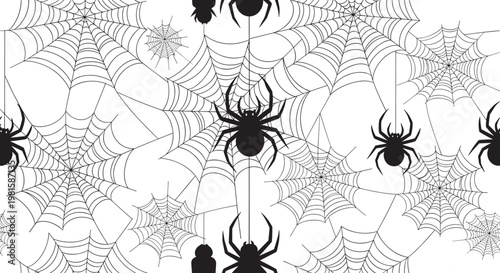Spooky seamless pattern featuring black spiders and intricate white webs for Halloween and arachnid themed backgrounds.
