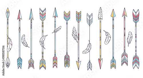 Set of ornate tribal arrows and separate feathers with colorful patterns and beads for bohemian and southwestern designs.