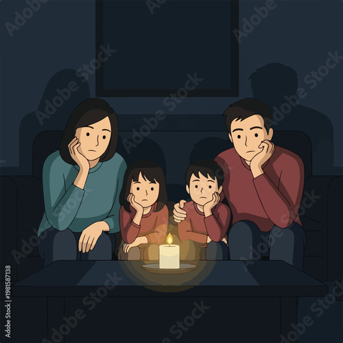 A sad family sitting in a dark room during a power outage by a single lit candle