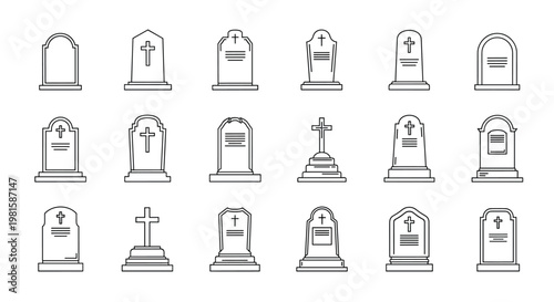 Set of black and white line art icons of various gravestones and crosses for cemetery and memorial design elements.