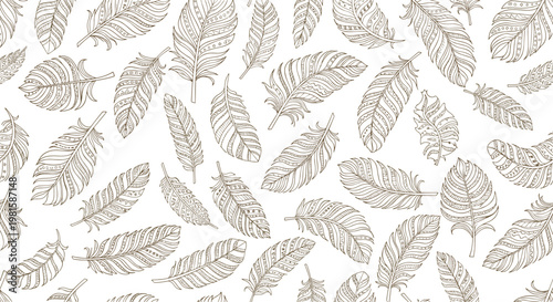 Delicate seamless pattern of various bird feathers with intricate line drawings and patterns on a clean white background.